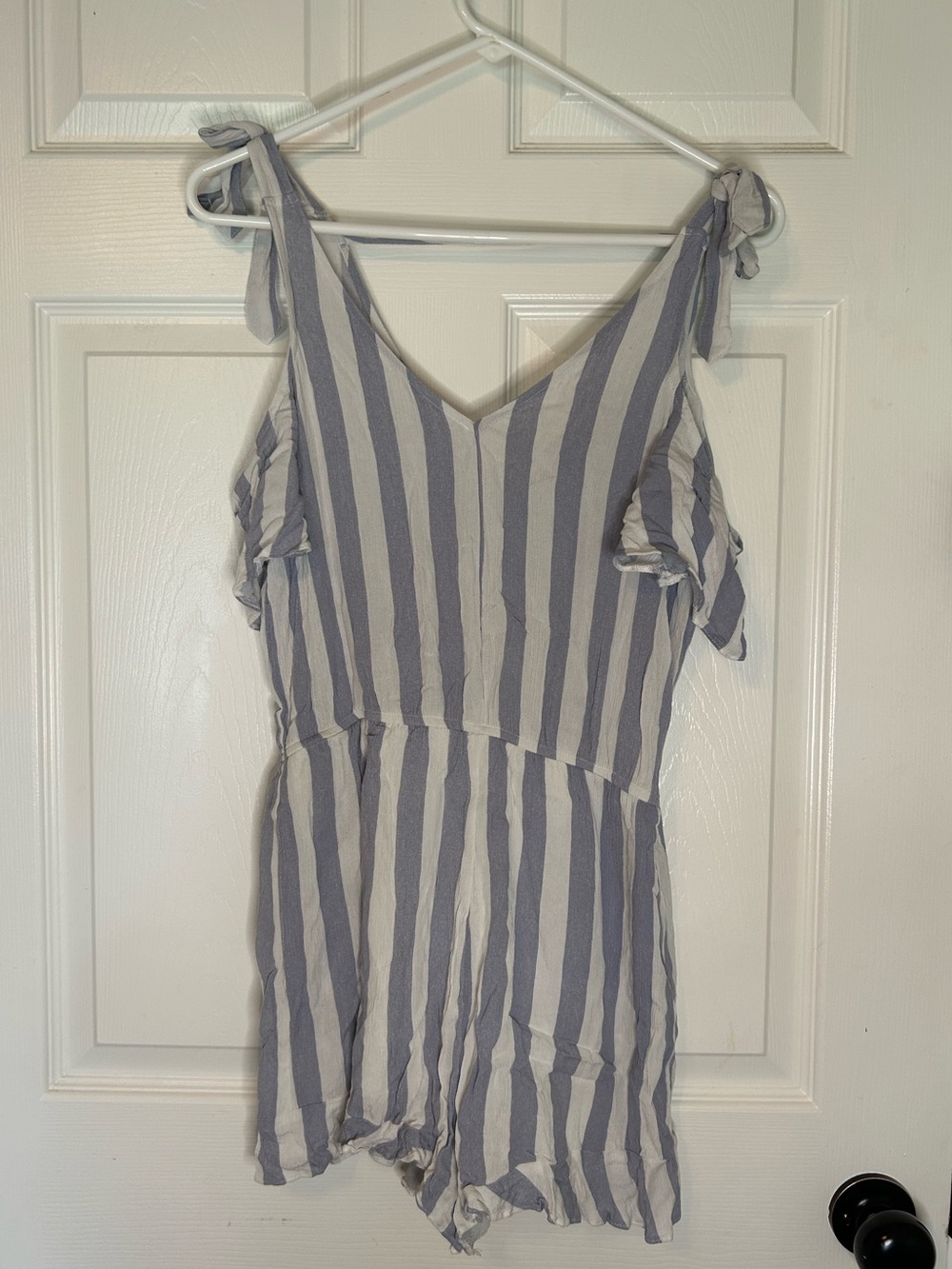 American Eagle Outfitters Blue and White Striped Tie-Shoulder Romper